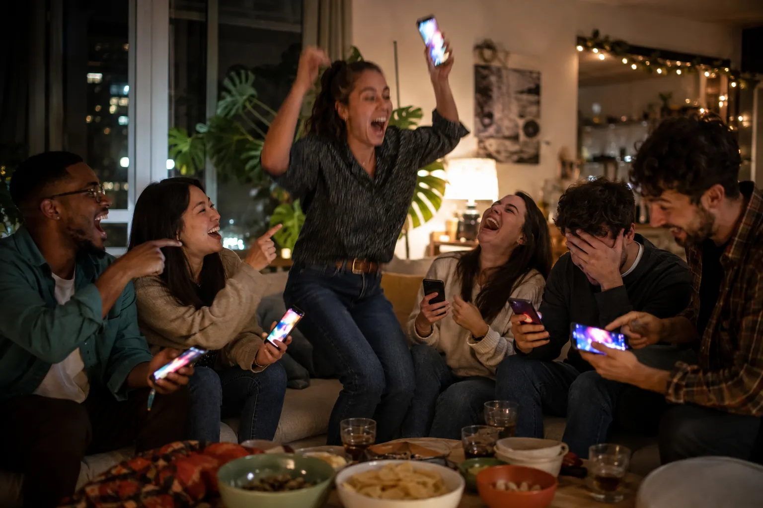 Friends packed onto a couch at game night, each playing Trivia Rush on their own phone and reacting to a question