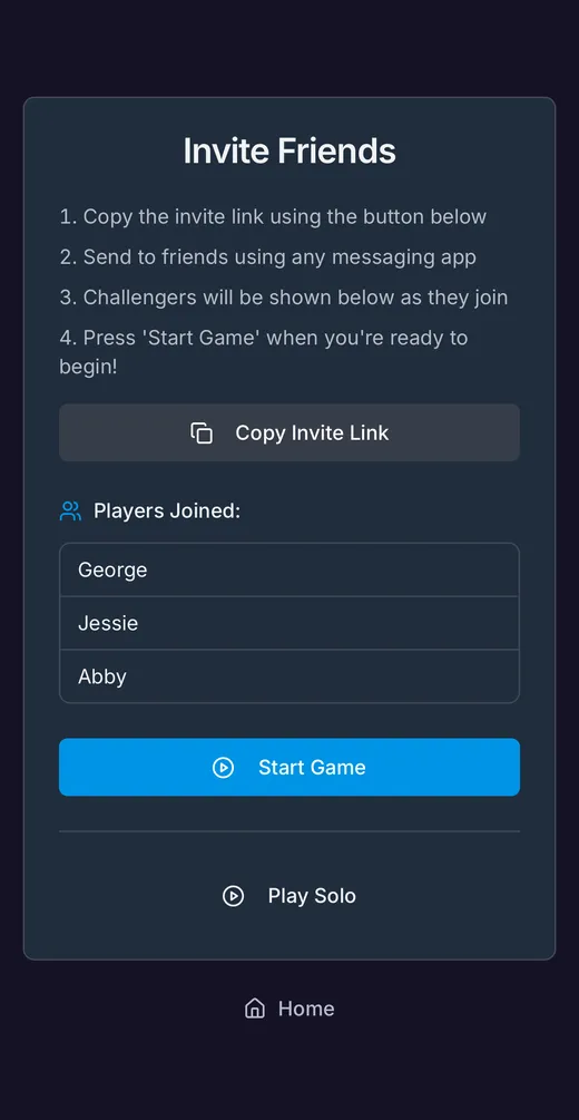 Trivia Rush lobby showing three friends joined and ready to play