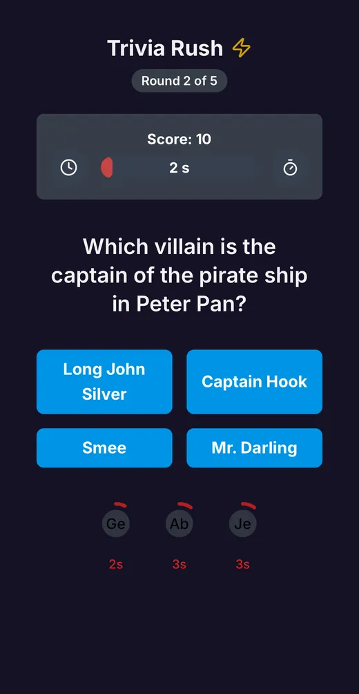 Trivia Rush live round with a question on screen, a running score, and the countdown timer