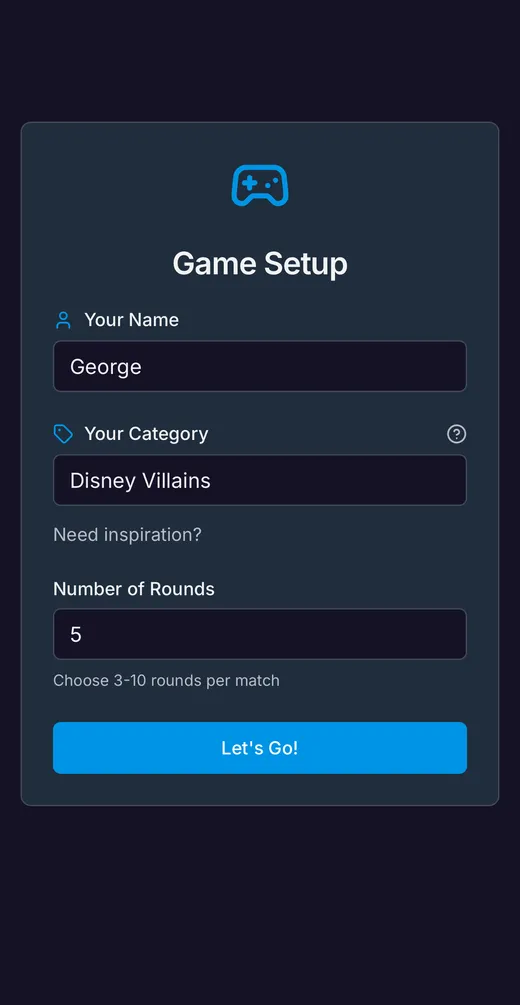 Trivia Rush setup screen with a category ready to start