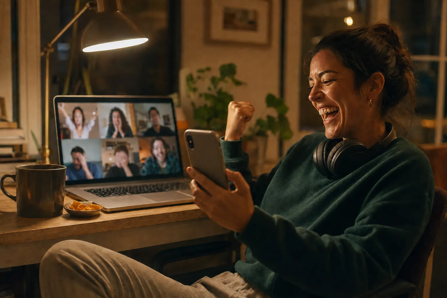 Player laughing at her phone mid-game while her friends react on a laptop video call
